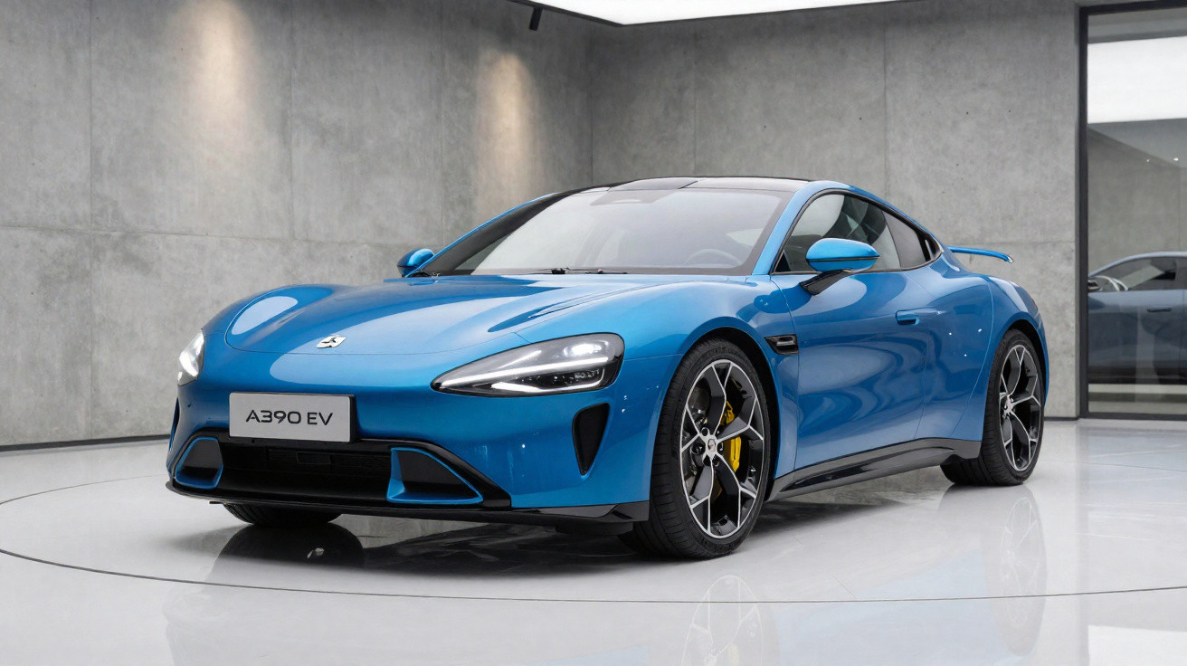 Carro desportivo elétrico azul Alpine A390 EV estacionado em chão branco com parede cinza ao fundo.