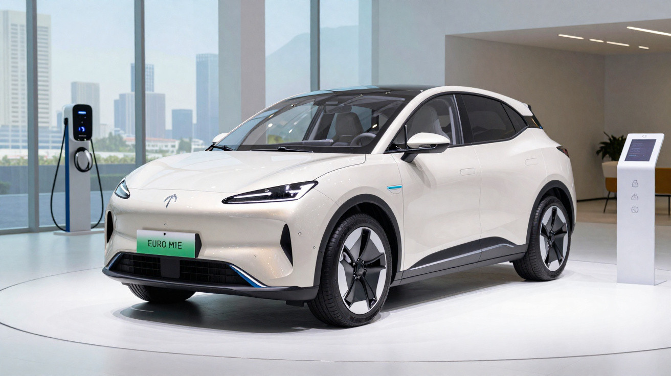 Carro elétrico branco exposto num salão moderno com carregadores elétricos nas paredes e janelas.