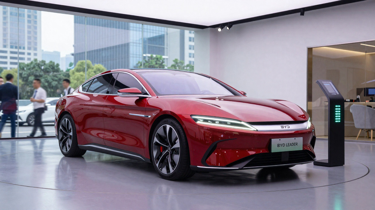 Carro eléctrico vermelho moderno estacionado numa exposição automóvel com pessoas ao fundo.