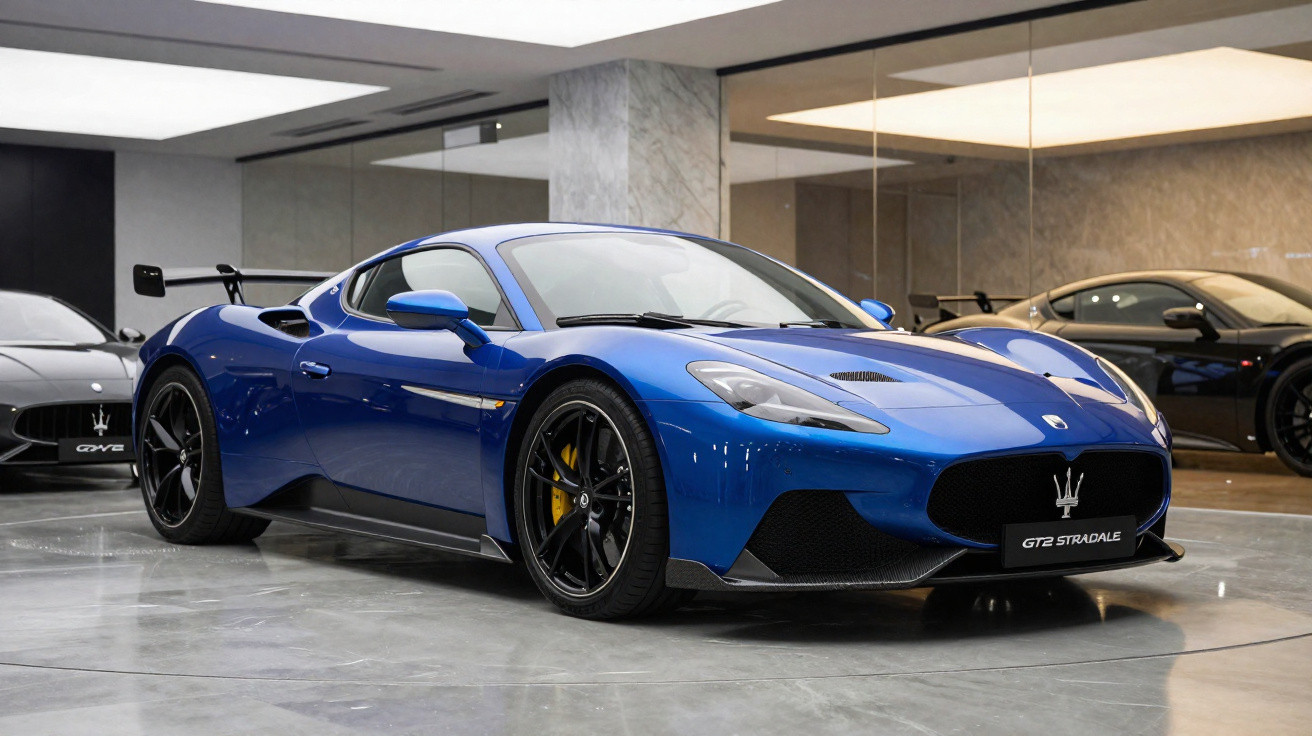 Desportivo azul Maserati MC20 GT Telescópico em exposição num showroom com chão cinzento e paredes espelhadas.