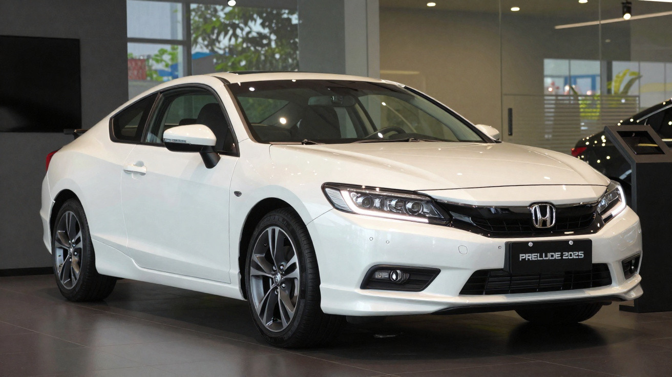 Carro desportivo branco Honda Prelude 2023 em exibição no interior de uma concessionária.