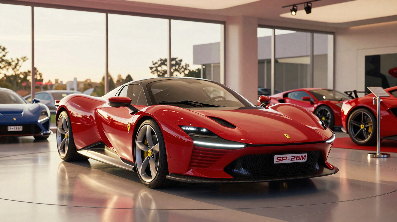 Carro desportivo Ferrari vermelho estacionado num salão de exposição com luz natural ao fim do dia.