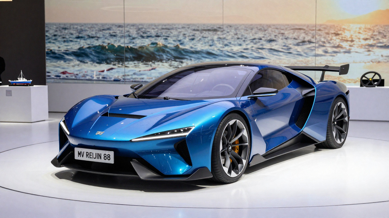Carro desportivo azul metálico em exposição com vista de mar ao fundo.