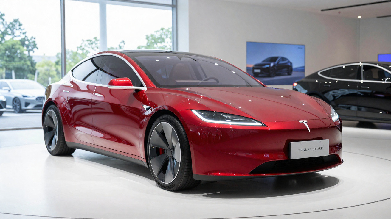 Carro elétrico Tesla Future vermelho exposto em showroom moderno com outras viaturas ao fundo.