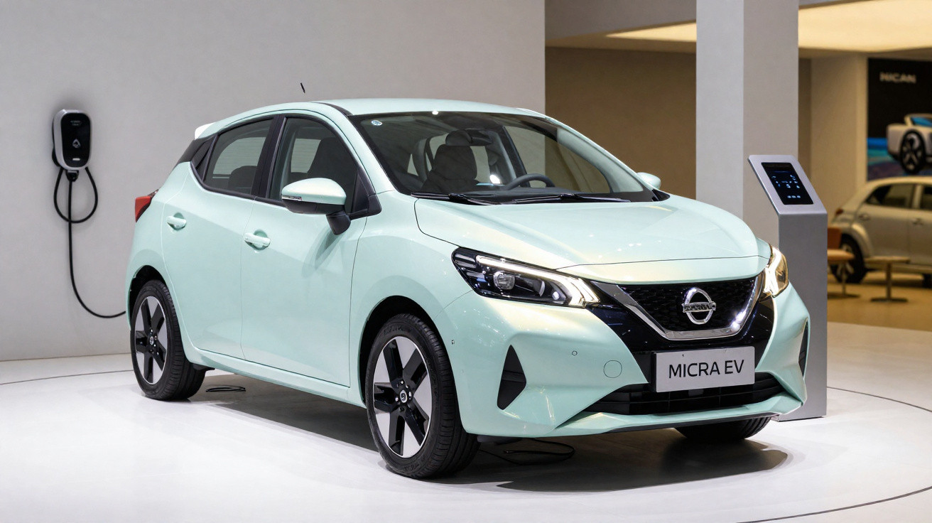 Carro elétrico Nissan Micra EV de cor azul claro estacionado em exposição, ligado a carregador na parede.