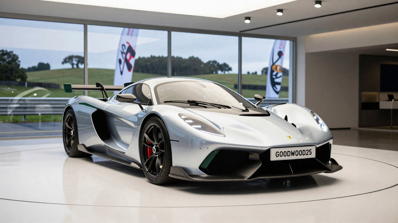 Carro desportivo prateado em exposição num salão com vidros grandes e outros carros ao fundo.