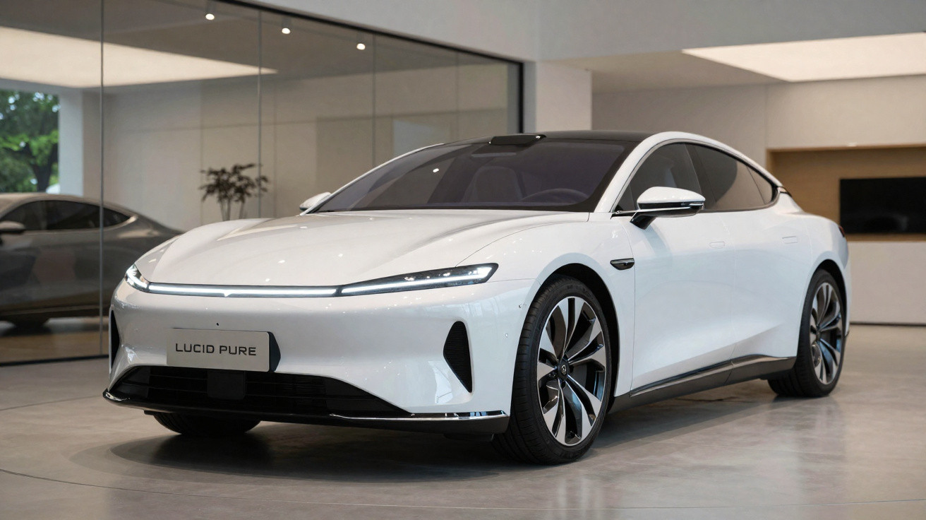 Carro elétrico branco Lucid Pure estacionado num interior moderno com janelas de vidro grandes.