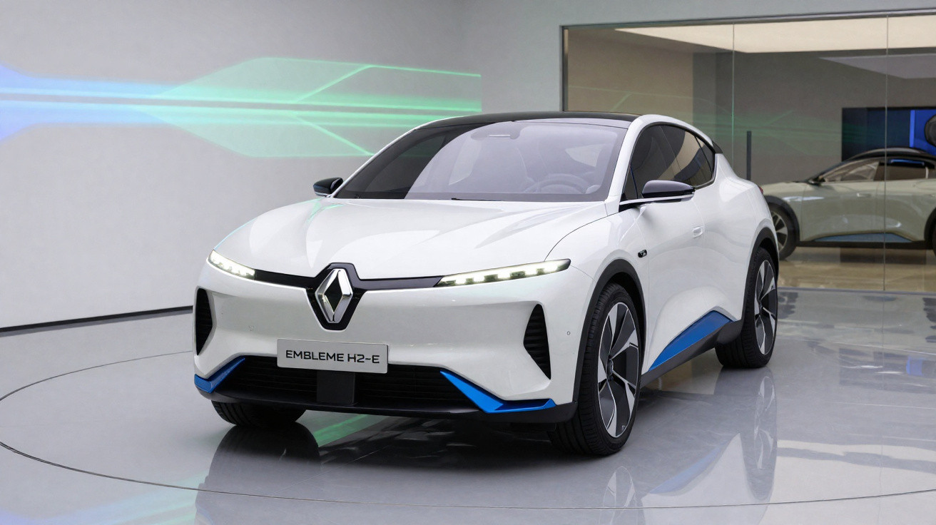 Carro elétrico branco Renault Embleme H2-E numa sala de exposição moderna com luzes azuis e verdes.