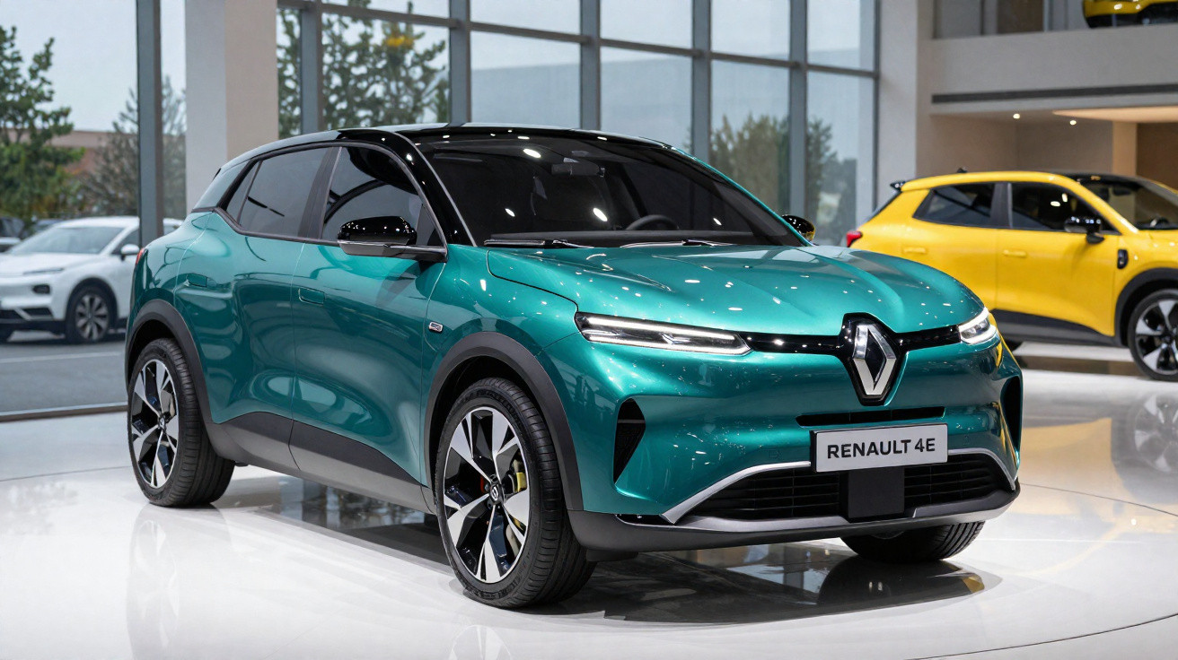 Carro elétrico Renault 4E verde em exposição, com teto preto e jantes desportivas, em ambiente moderno.