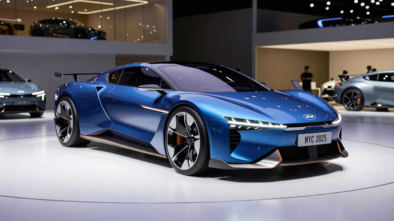 Carro desportivo elétrico azul metálico da Kia com detalhes em cobre exposto num salão automóvel.