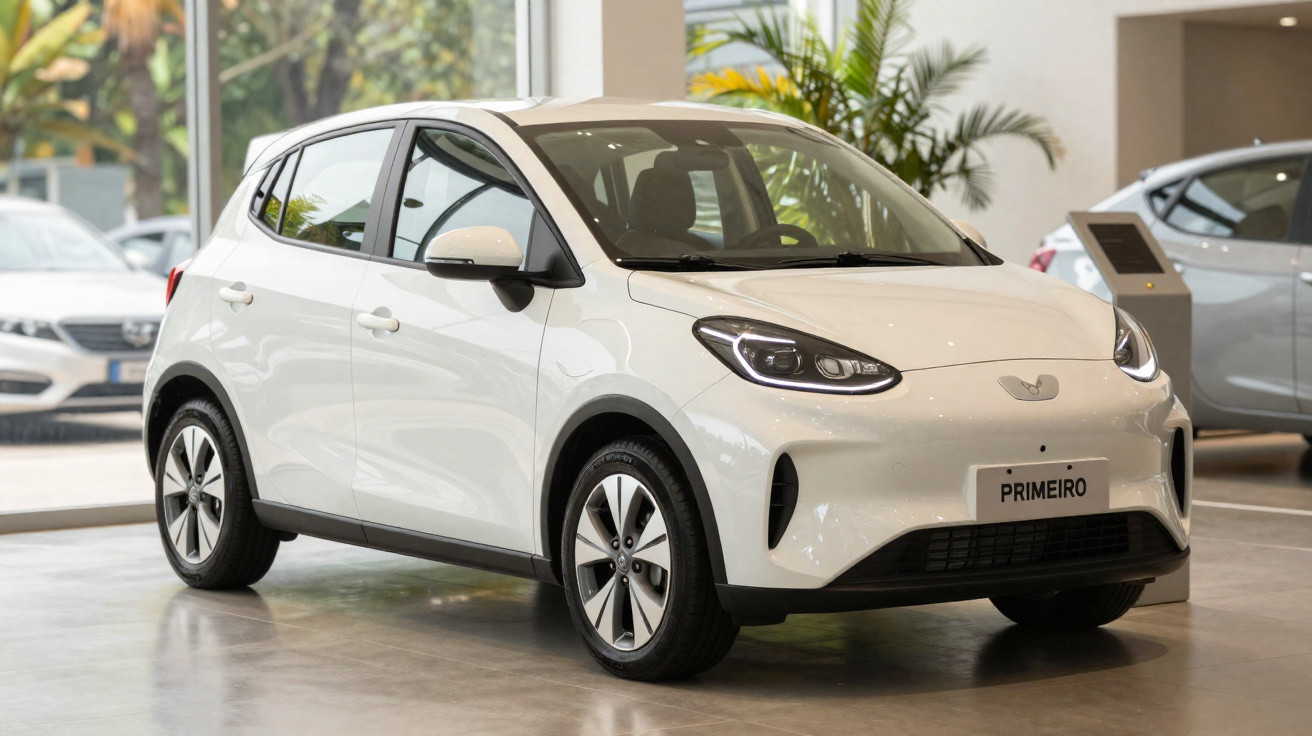 Carro elétrico branco modelo PRIMERO exibido numa sala de exposição moderna com plantas ao fundo.