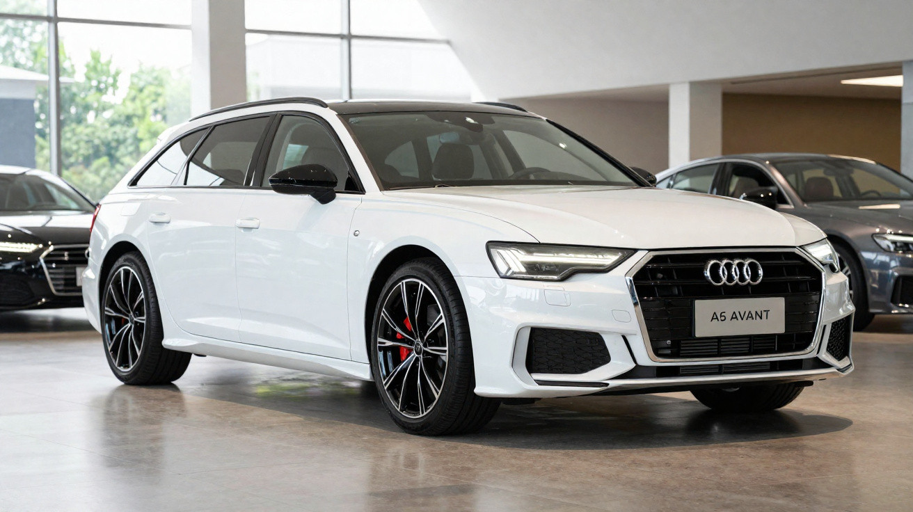 Carro Audi A6 Avant branco, moderno, estacionado em showroom com chão cinzento e outras viaturas ao fundo.