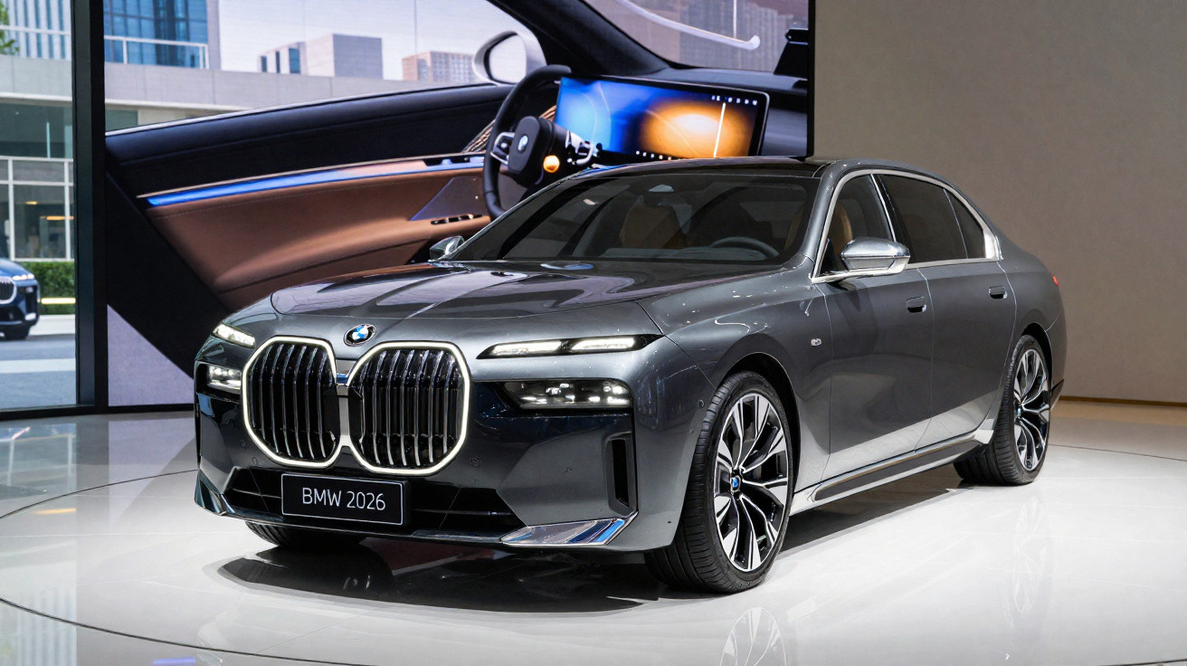 Carro BMW cinzento brilhante modelo BMW i3 2026 exposto em salão moderno com interior tecnológico a fundo.