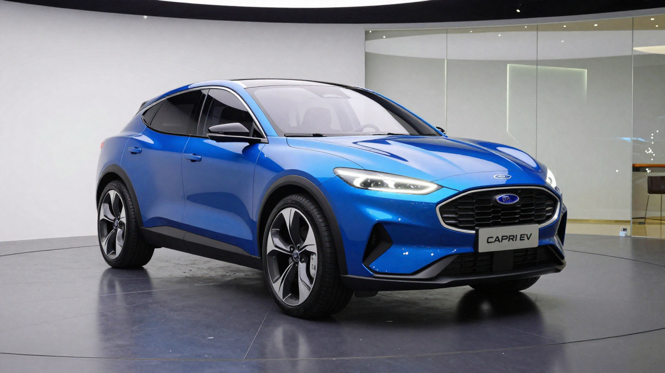 Carro elétrico Ford Capri EV azul, moderno, em exposição numa sala minimalista com chão cinza.