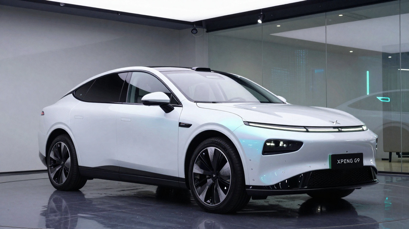 Carro elétrico branco XPeng G9 estacionado em interior moderno com luzes LED e reflexos no chão.