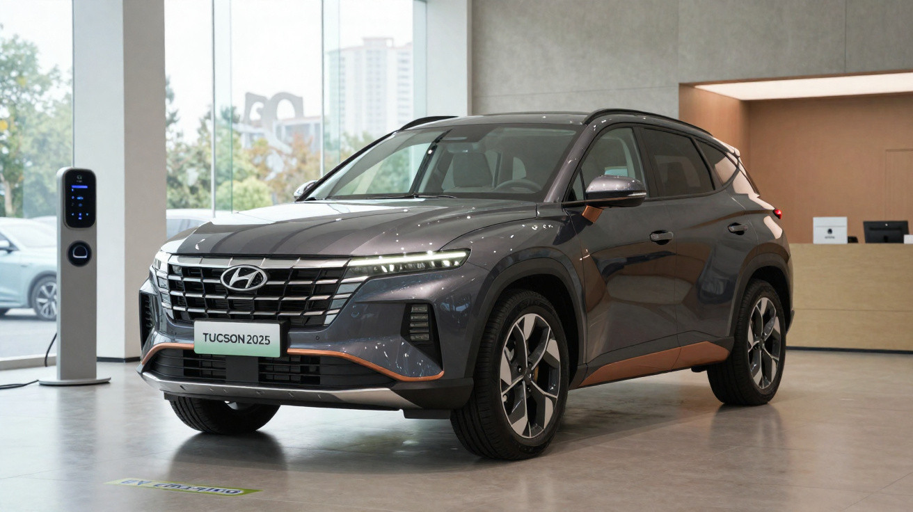 Carro Hyundai Tucson 2025 cinza em showroom com estação de carregamento elétrica ao lado.