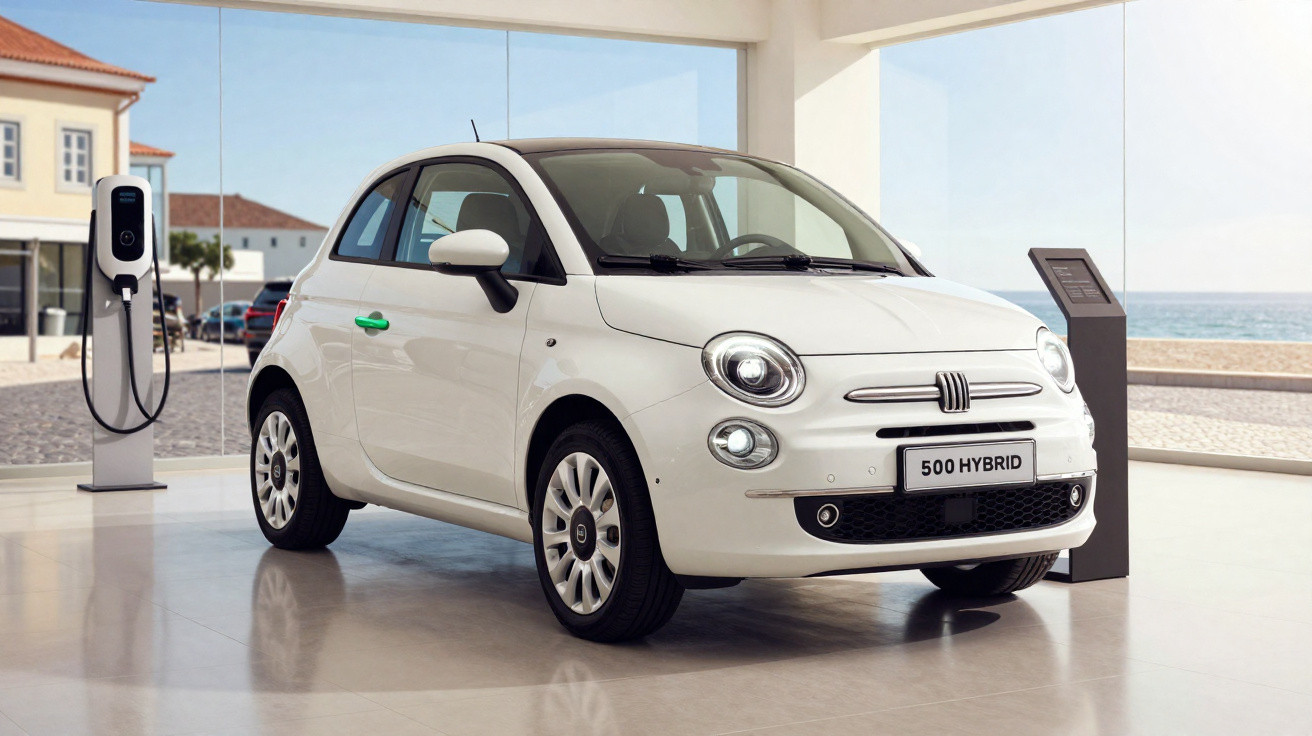 Carro branco Fiat 500 Hybrid estacionado dentro, com carregador elétrico ao lado e vista para a rua e mar.