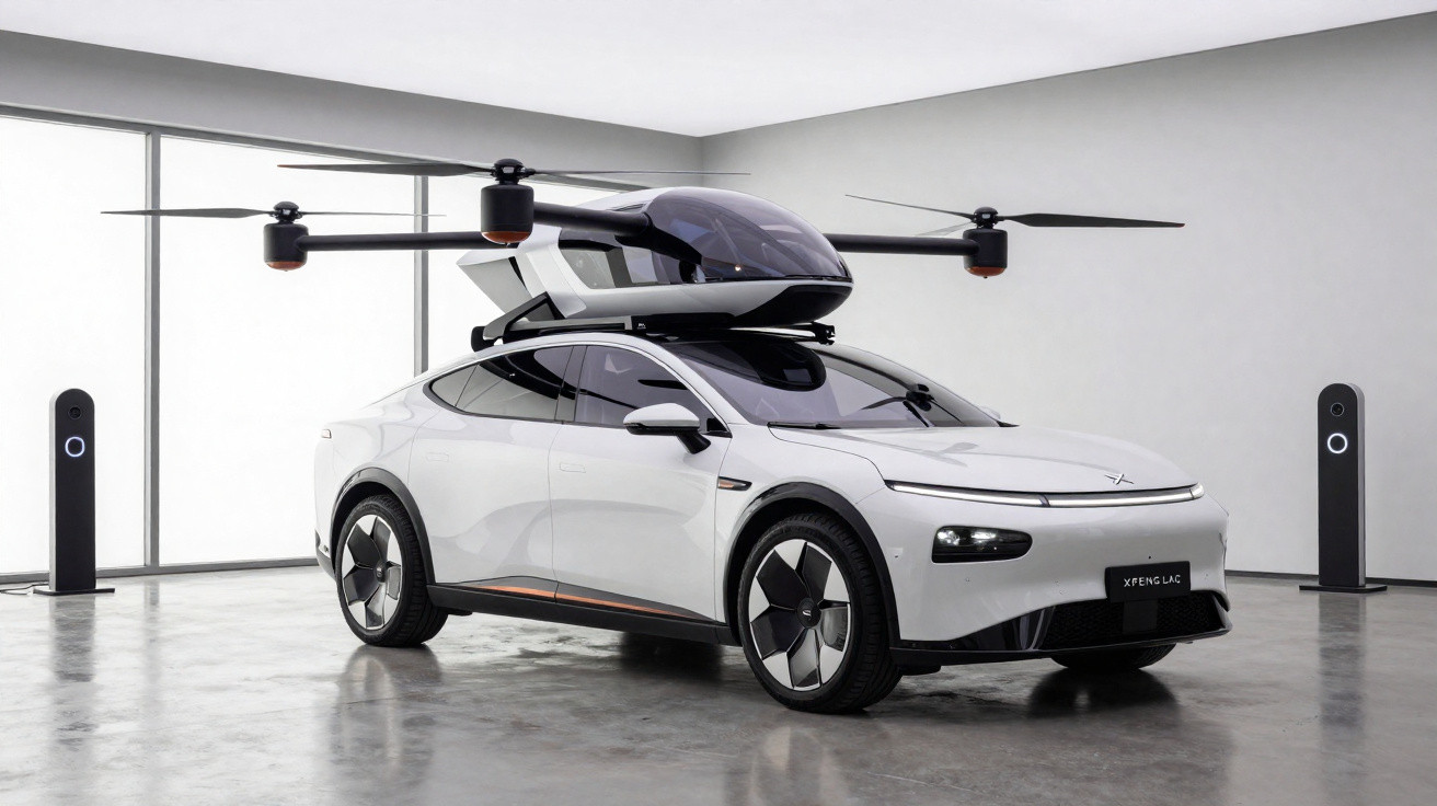 Carro elétrico branco estacionado numa garagem com um drone compacto preso ao teto.