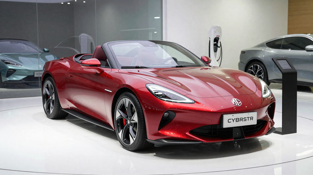 Carro desportivo vermelho MG CYBRSTR exposto numa sala branca com espelhos e iluminação interior.