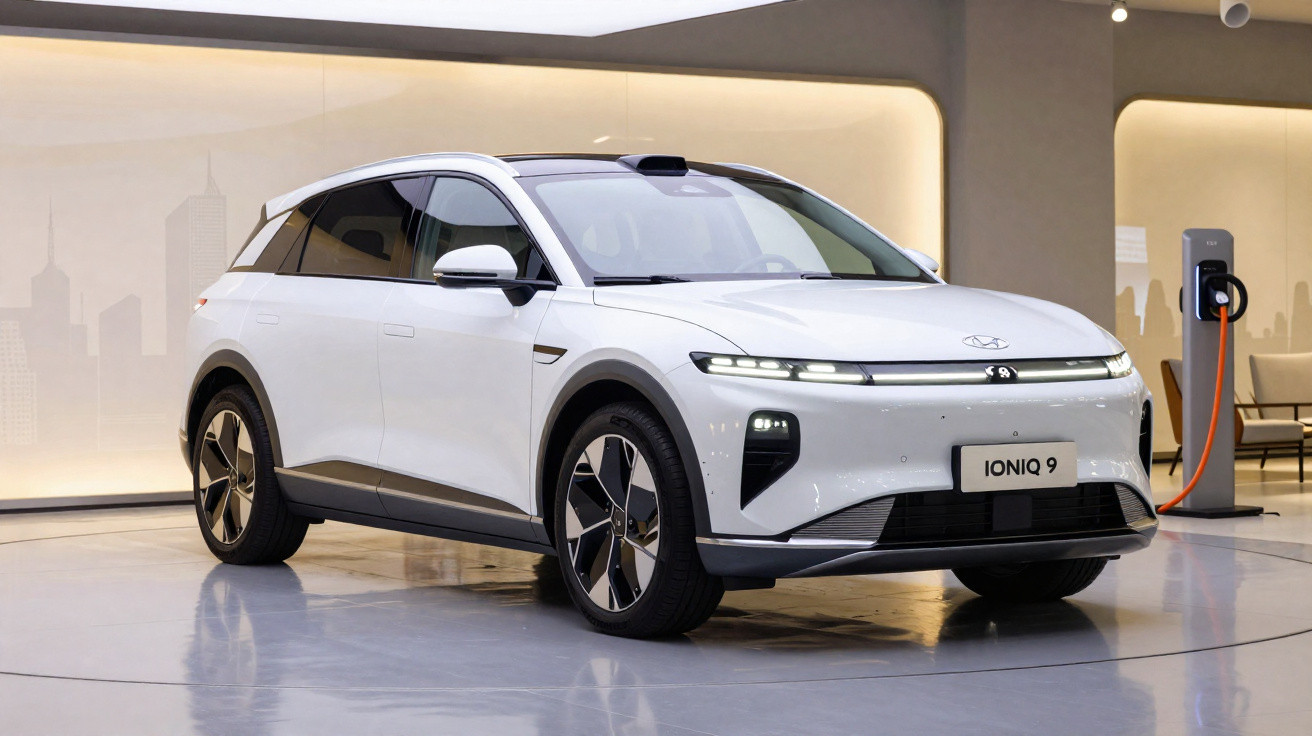 Carro elétrico branco IONIQ 9 a carregar numa estação de carregamento num espaço moderno interior.