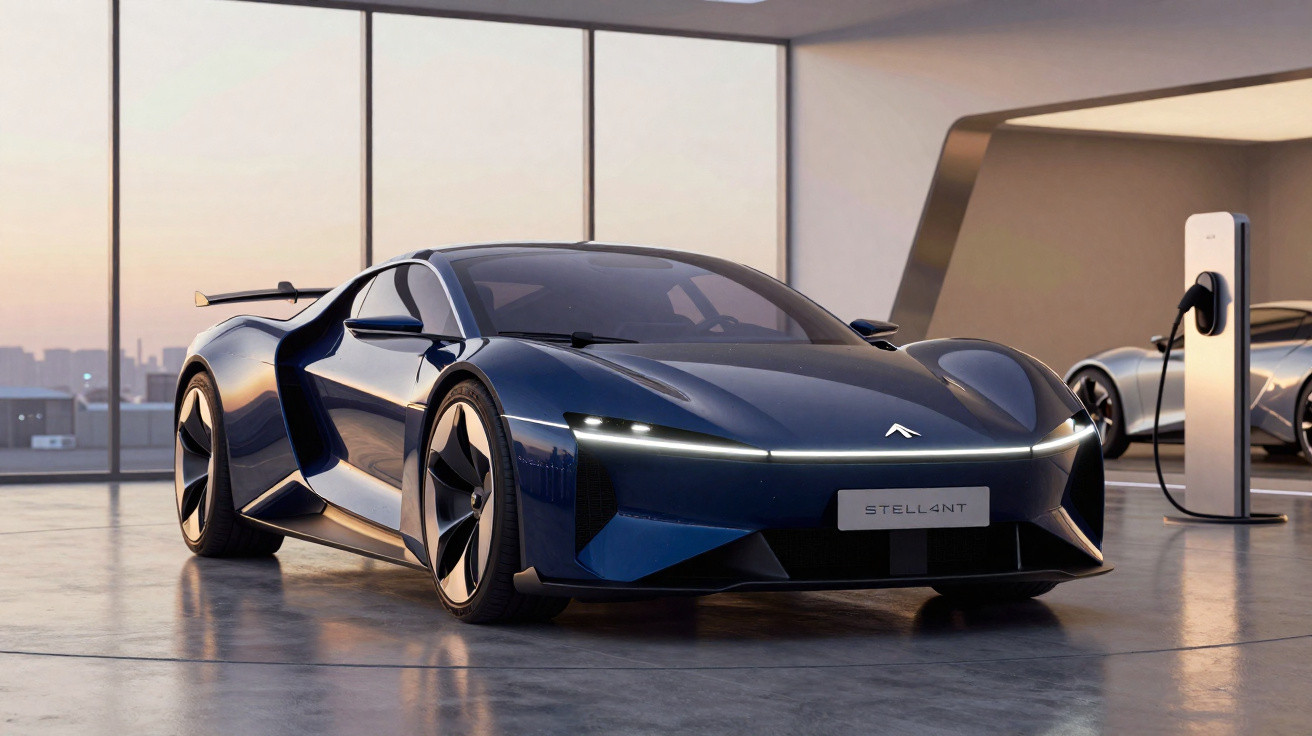 Carro elétrico desportivo azul estacionado em garagem moderna com janela grande e posto de carregamento.