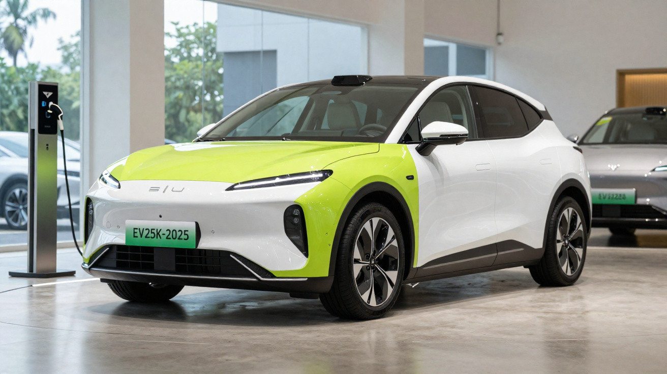 Carro elétrico moderno bicolor verde e branco estacionado num espaço interior com estação de carregamento.