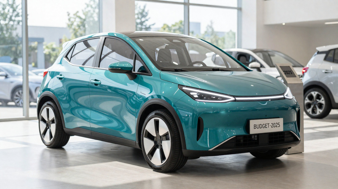 Carro elétrico compacto azul num salão de exposições moderno com janela grande e outros carros ao fundo.