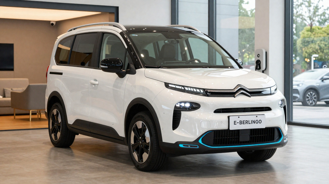 Automóvel branco Citroën E-Berlingo estacionado em espaço moderno com estação de carregamento elétrico ao lado.