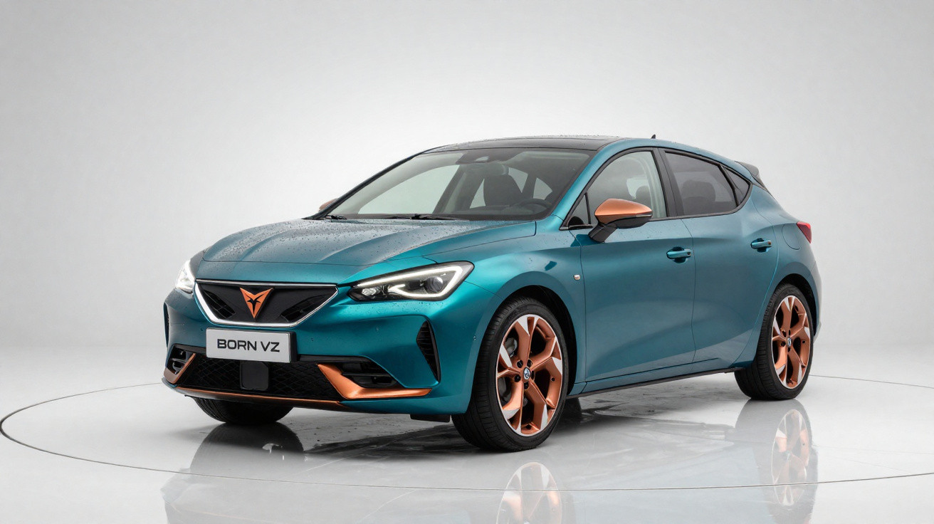 Carro elétrico Cupra Born azul com jantes e retrovisores bronze em estúdio branco.