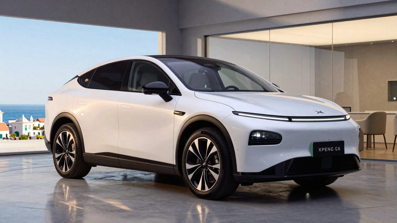 Carro elétrico branco XPeng G6 estacionado em espaço interior moderno com chão cinzento e parede com ecrã de paisagem.