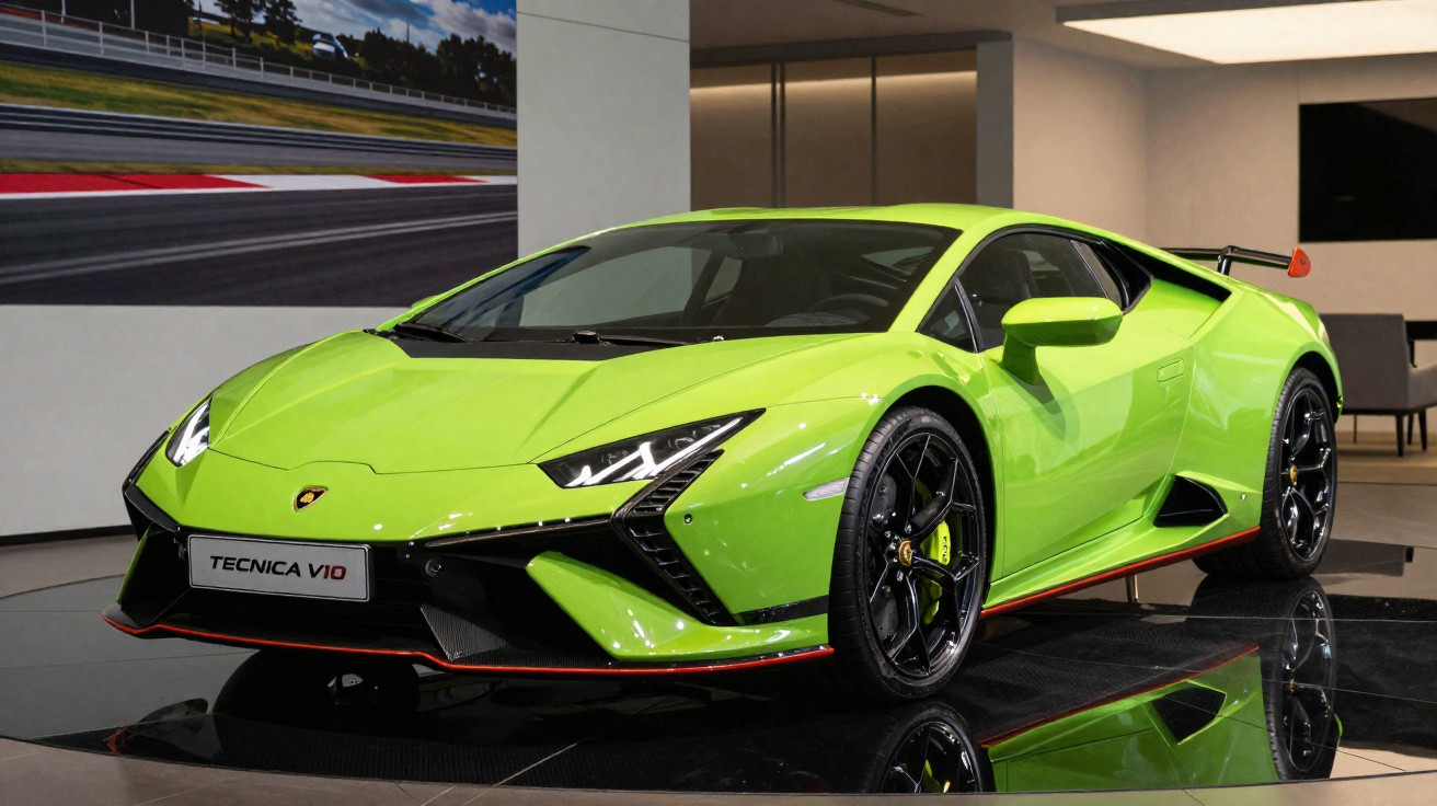 Carro desportivo Lamborghini Tecnica V10 verde néon exibido em showroom moderno refletindo no chão negro.