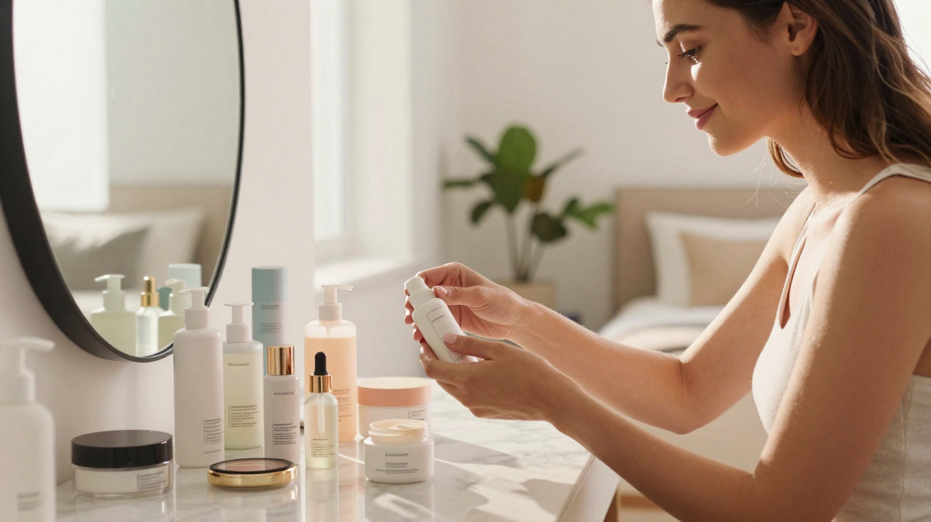 Mulher sorridente a aplicar creme facial à frente de um espelho, com vários produtos de cuidado na bancada.