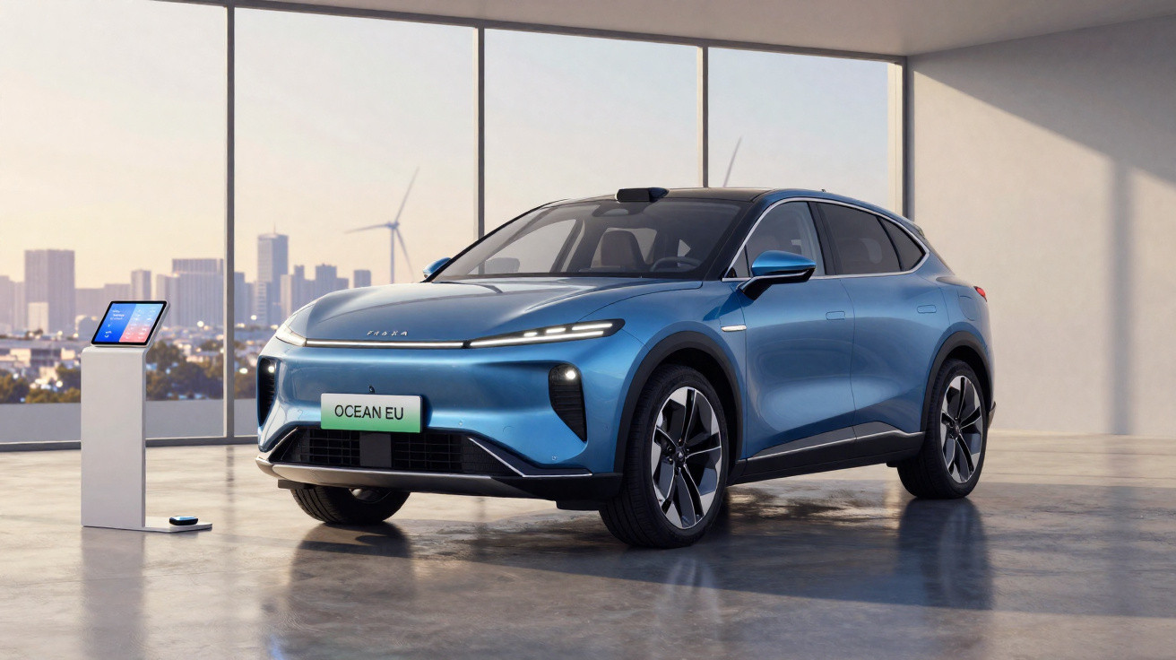 Veículo elétrico azul estacionado num espaço interior com grandes janelas e carregador elétrico ao lado.