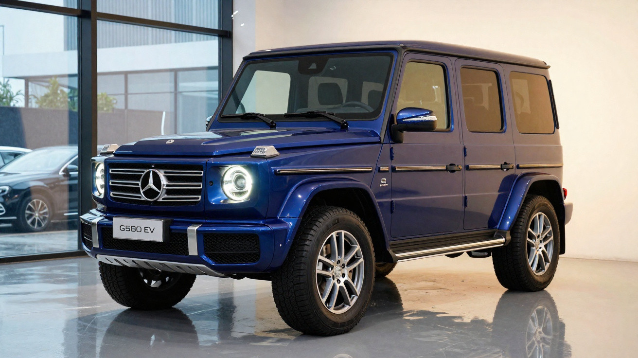 Mercedes-Benz G560 EV azul estacionado num showroom interior com luzes acesas.