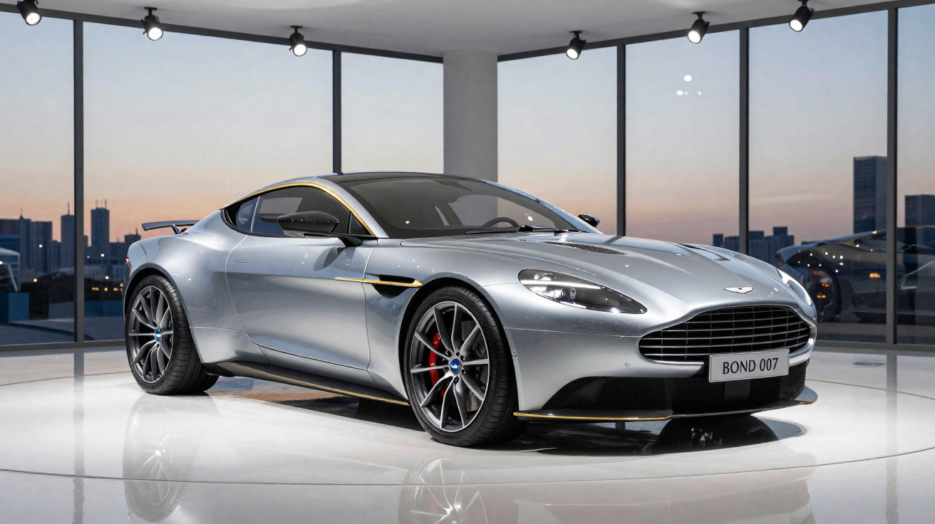 Carro desportivo cinzento prateado Aston Martin DB10 com matrícula BOND 007 num salão com janelas grandes.