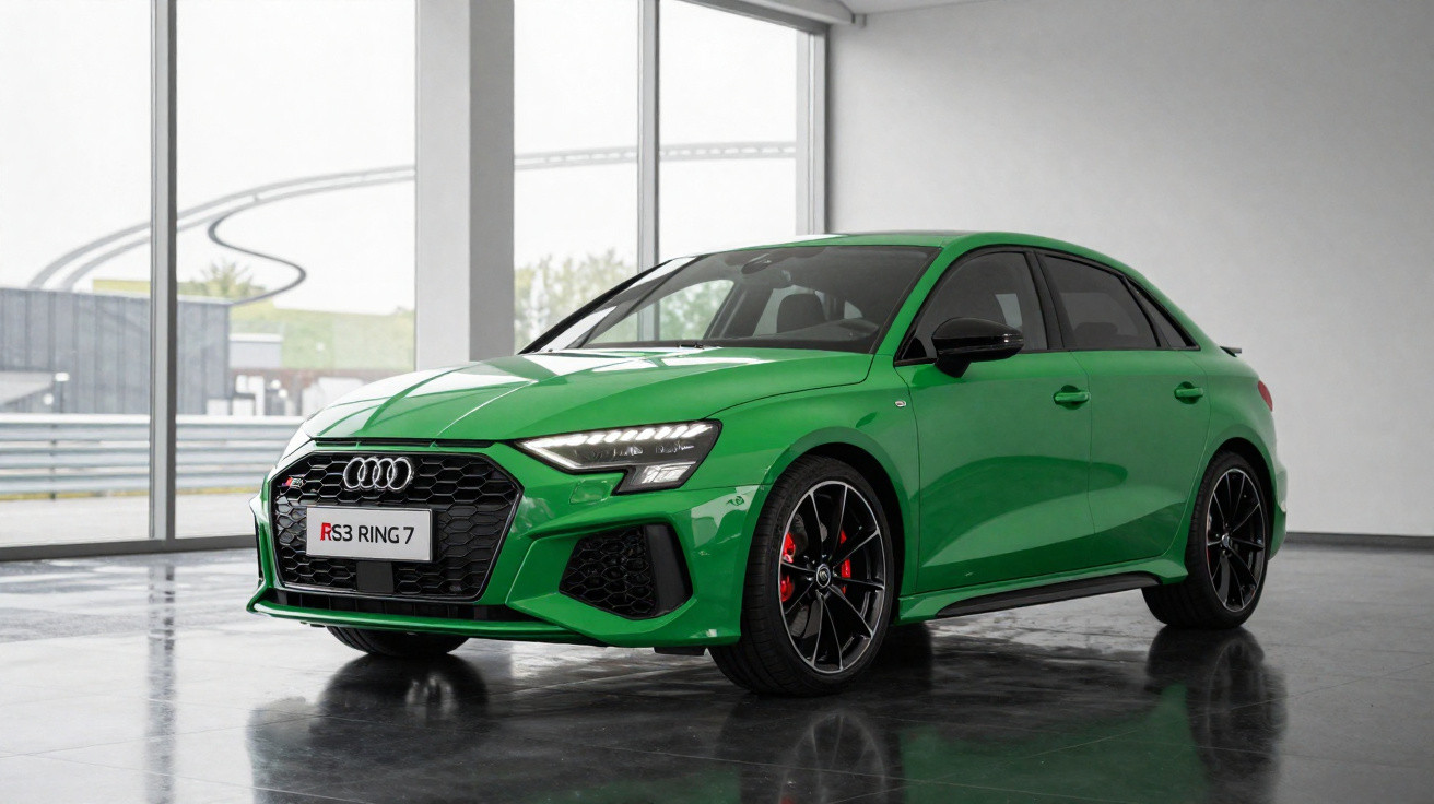 Audi RS3 na cor verde, visto de frente e lado, em ambiente interior com chão reflectivo.