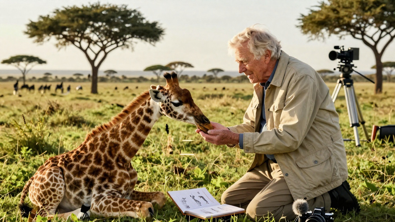 Homem alimenta girafa bebé numa savana, com caderno de desenhos e câmaras fotográficas no chão.