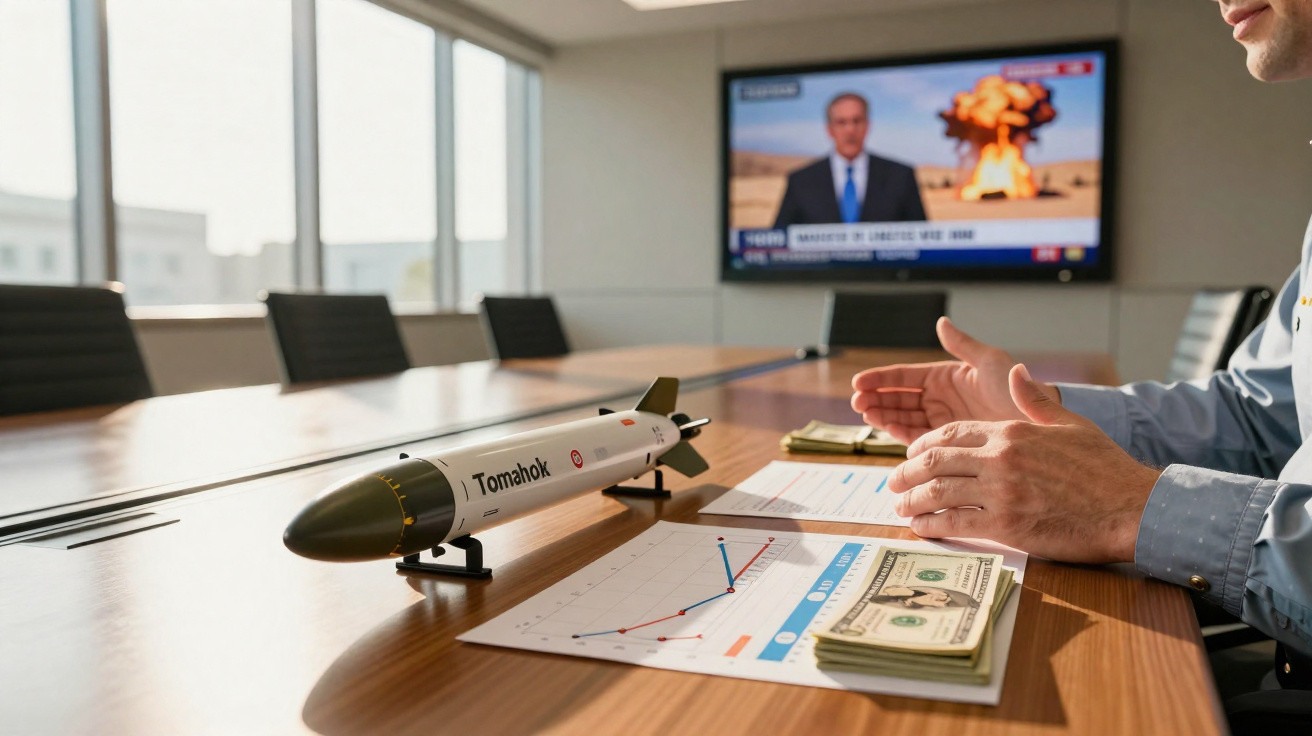 Sala de reunião com maquete de míssil, gráficos, pilha de dinheiro e pessoa gesticulando.