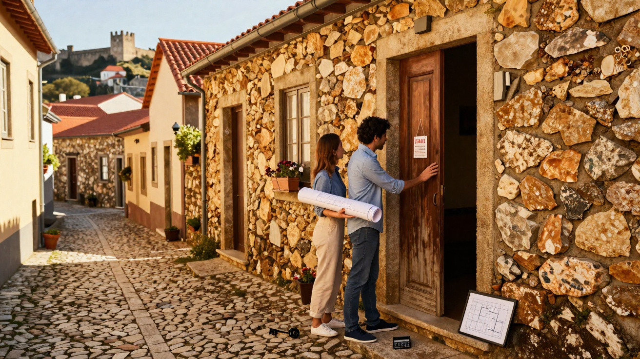Mulher com planta na mão toca porta de casa em pedra com aviso de venda, rua de pedra e castelo ao fundo.