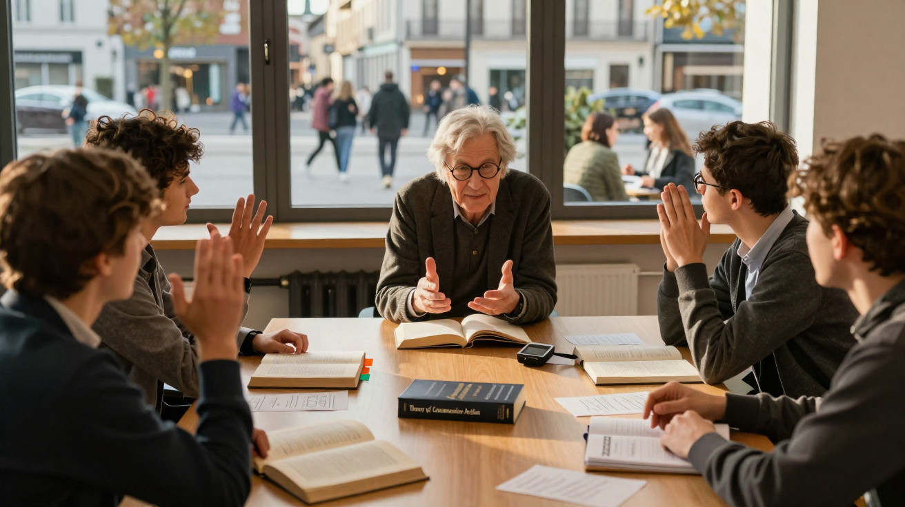 Professor idoso com livros discute com estudantes jovens numa sala com vista para a cidade.