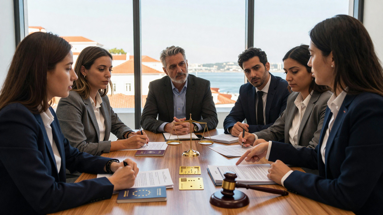 Grupo de advogados e advogadas em reunião formal numa sala com vista para a cidade e o rio.