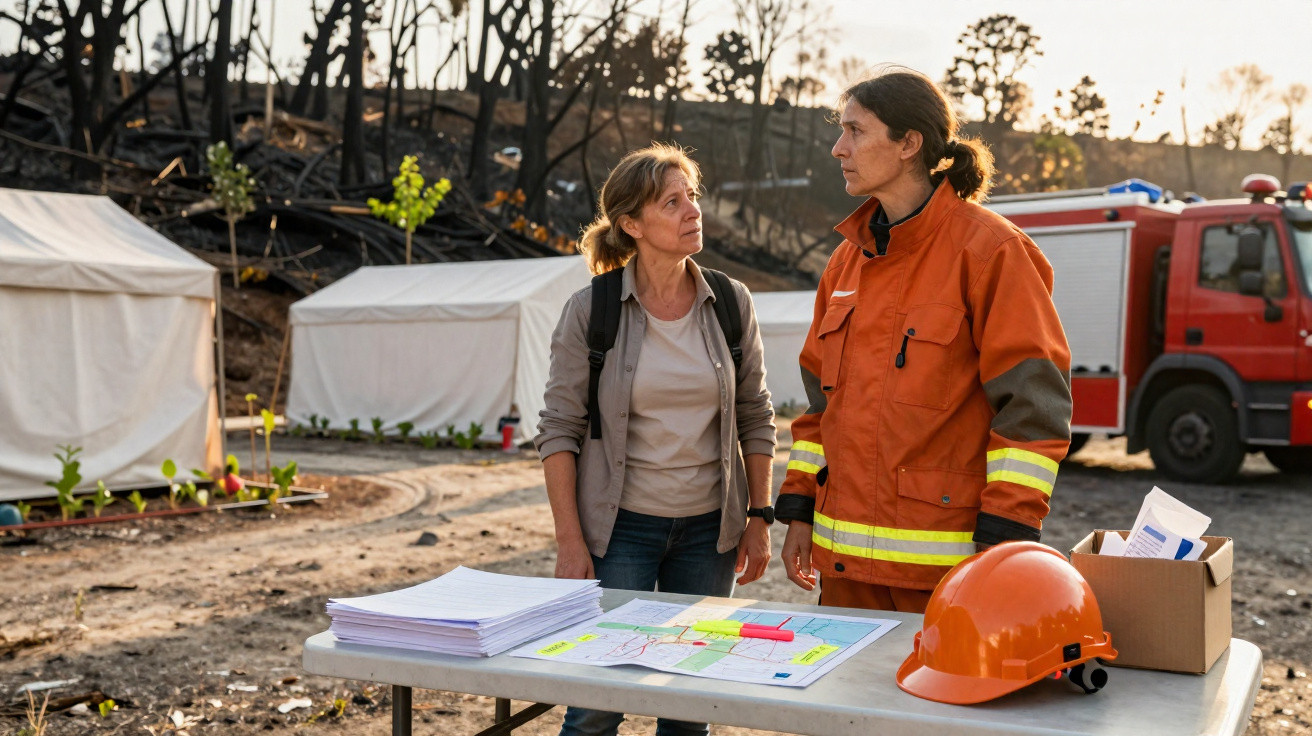 Duas mulheres, uma bombeira e outra civil, em área afetada por incêndio com tenda e camião de bombeiros ao fundo.