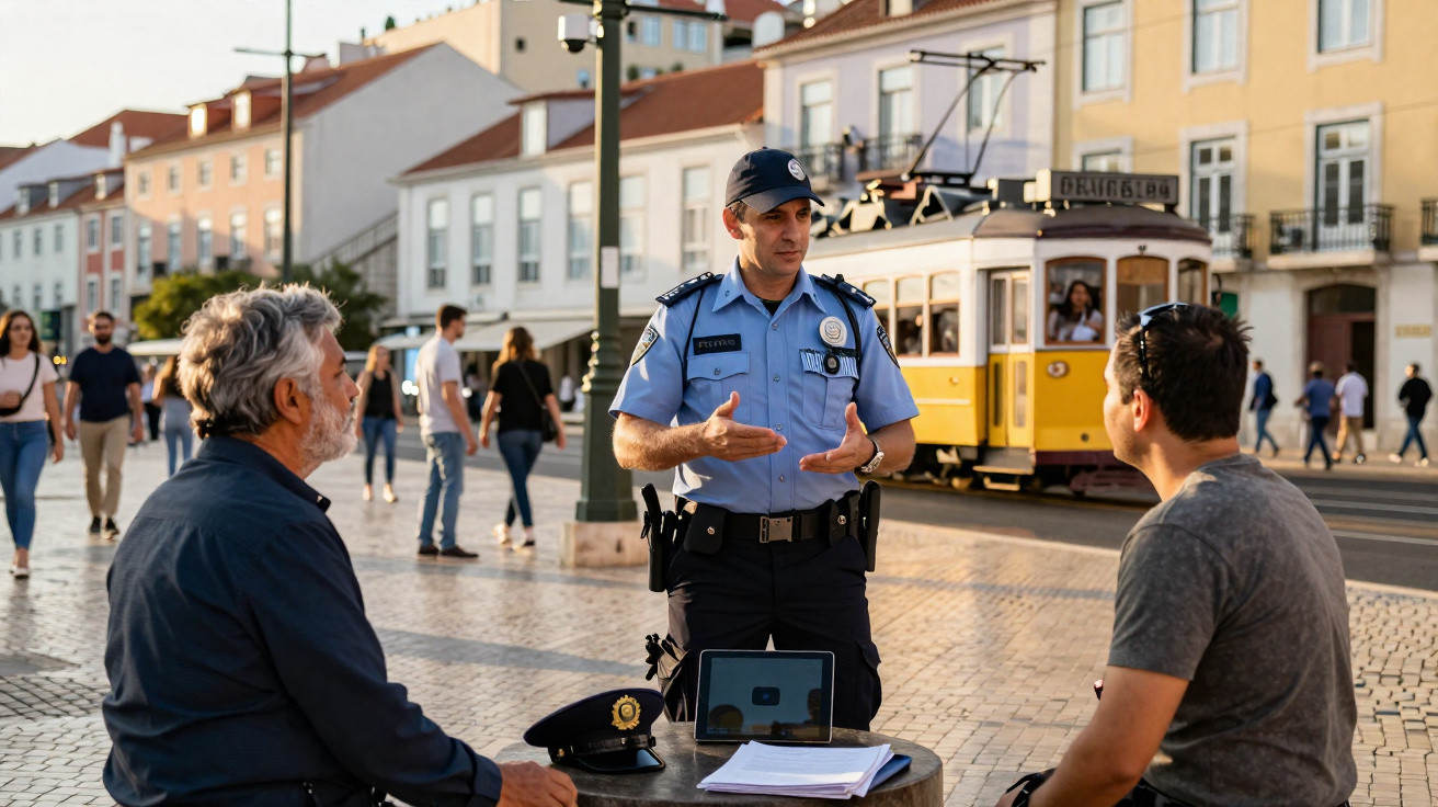 Polícia em uniforme azul conversa com homem numa rua com elétrico amarelo ao fundo.