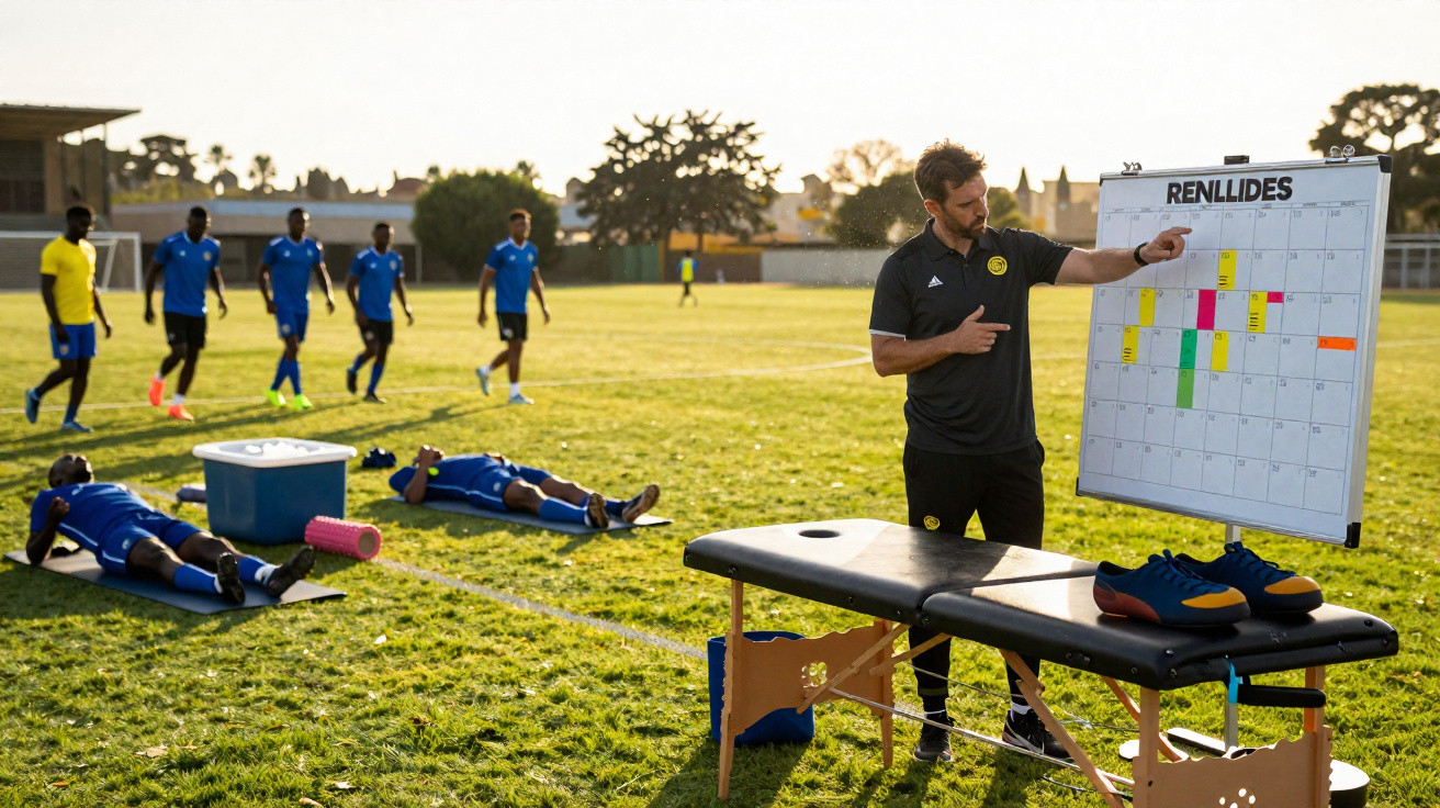 Treinador a explicar tática num quadro branco enquanto jogadores descansam e aquecem num campo de futebol.