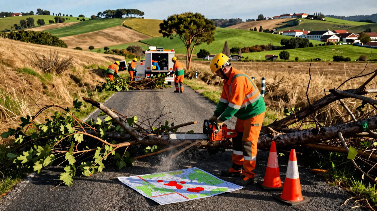 Trabalhadores florestais a cortar árvores com motosserras numa estrada rural, com mapa e cones de sinalização à frente.