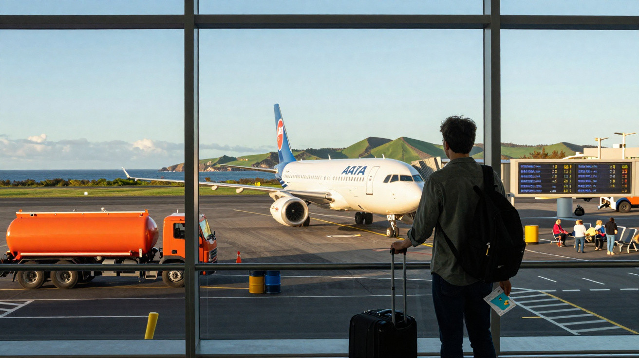 Homem com mochila e mala observa avião numa pista de aeroporto ao entardecer.