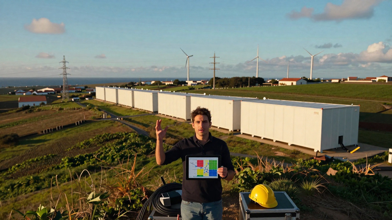 Homem com tablet junto a baterias de energia em paisagem rural com aerogeradores ao fundo.