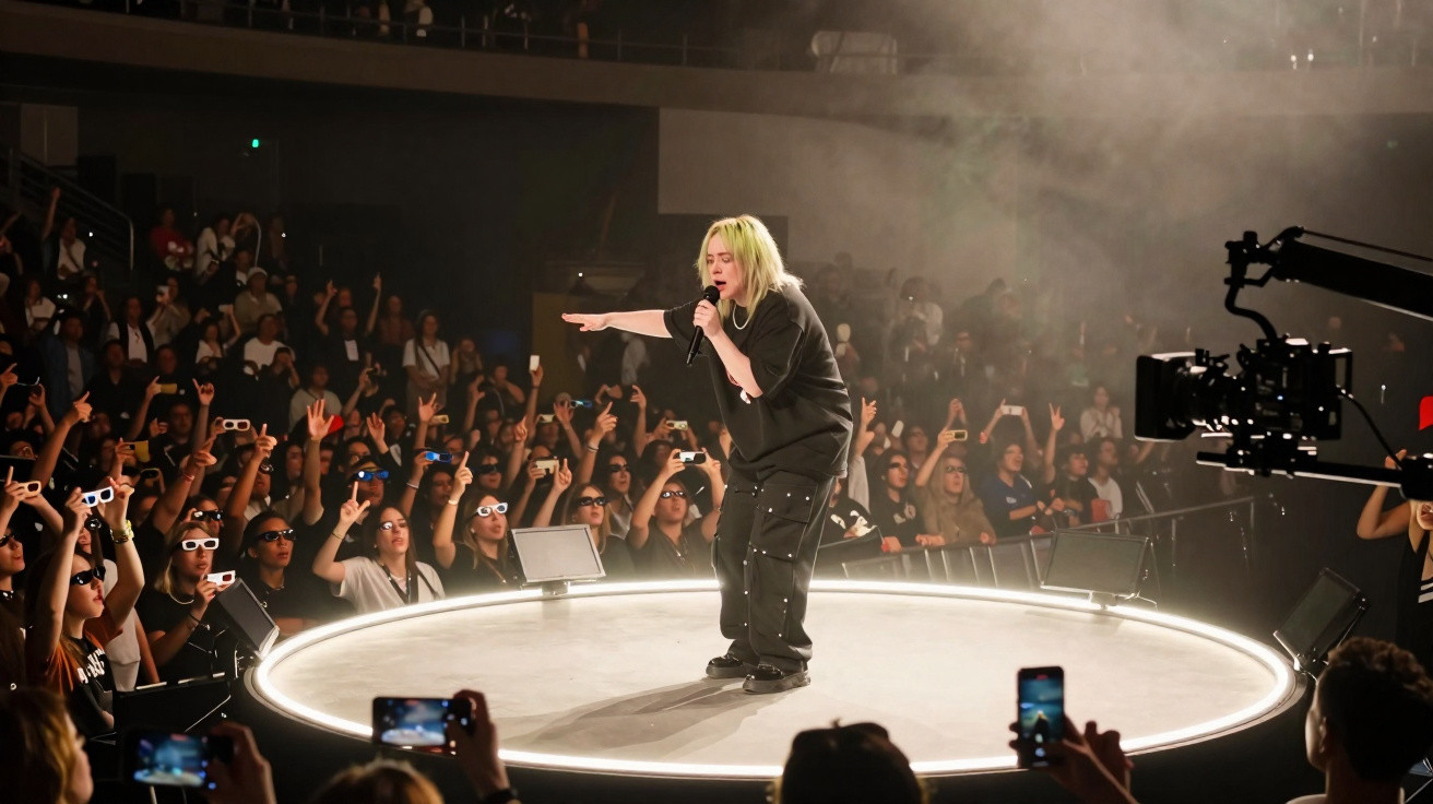Cantora loira no palco circular a cantar para uma multidão entusiasta a aplaudir e fotografar.