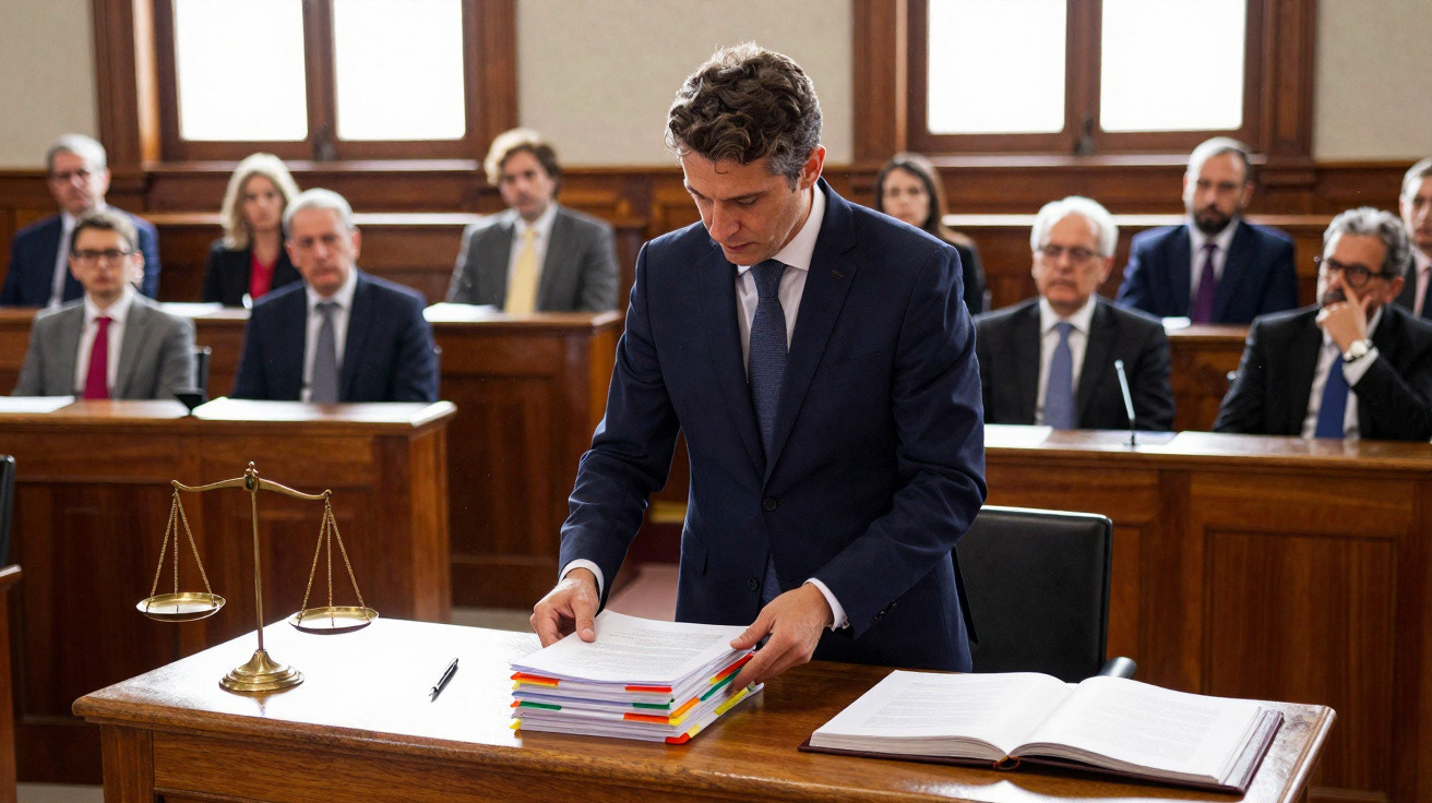 Advogado em tribunal apresenta defesa enquanto juízes e público atento o observam.