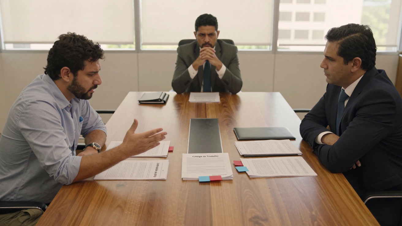 Três homens em reunião de negócios à volta de mesa, com documentos e discussão séria.